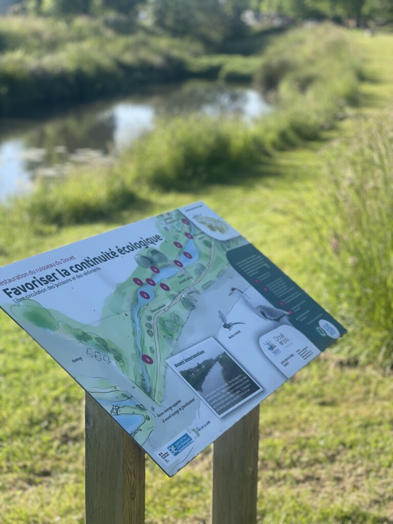 panneau pédagogique zone humide au bord d'une riviere