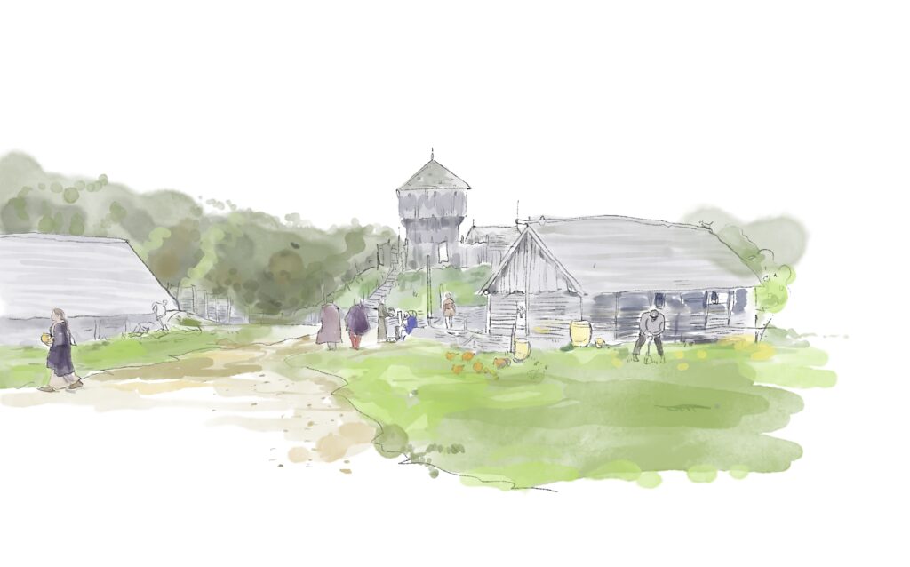 Illustration d'imagination historique d'une motte castrale bretonne (XII° sciècle)